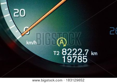 Closeup image of modern electronic spedometer og a car