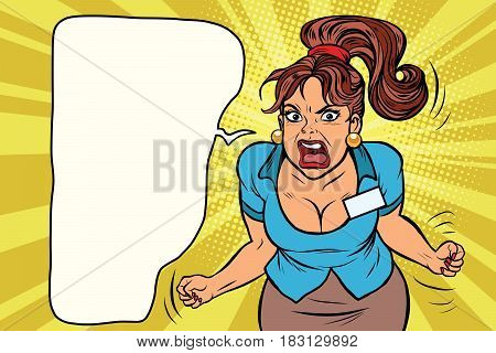Businesswoman shouting, rage and anger. Comic book illustration pop art retro color vector