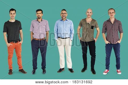 Diversity Adult Men Set Gesture Standing Together Studio Isolated