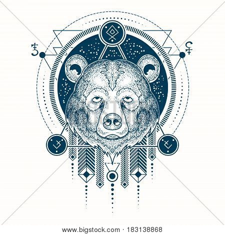 Vector illustration of a front view of a bear s head, geometric sketch of a tattoo, print. Abstract ethnic tribal pattern.