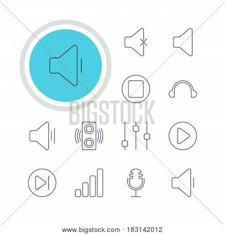 Vector Illustration Of 12 Melody Icons. Editable Pack Of Subsequent, Decrease Sound, Stabilizer And Other Elements.