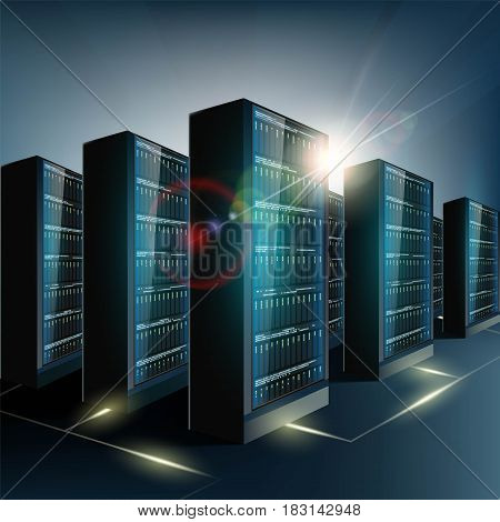 Server room in the datacenter. Network and internet technology. Stock vector illustration.