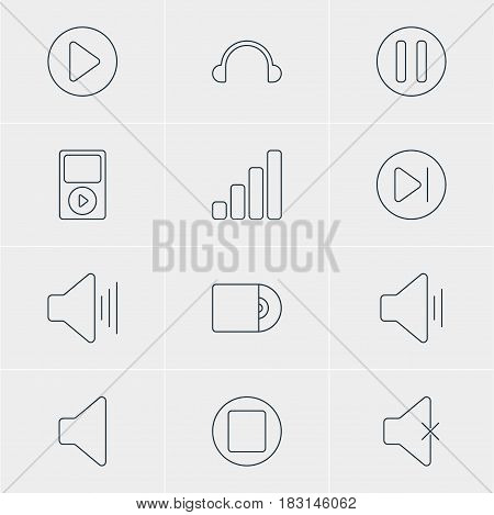 Vector Illustration Of 12 Melody Icons. Editable Pack Of Compact Disk, Subsequent, Soundless And Other Elements.