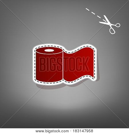 Toilet Paper sign. Vector. Red icon with for applique from paper with shadow on gray background with scissors.