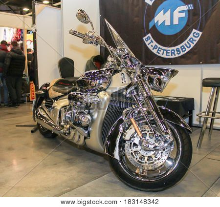 St. Petersburg Russia - 15 April, Brilliant chrome motorcycle,15 April, 2017.
International Motor Show IMIS-2017 in Expoforurum.
Motorcycles and motoconcepts presented at St. Petersburg Motor Show.