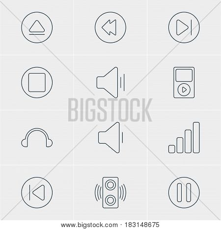 Vector Illustration Of 12 Music Icons. Editable Pack Of Reversing, Amplifier, Subsequent And Other Elements.