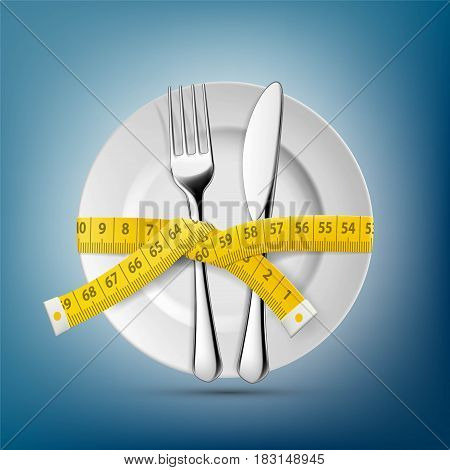 Plate with knife fork and tailoring centimeter. Dieting and weight loss. Stock vector illustration.
