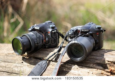 Gomel, Belarus - 12 April 2017: Sony Cameras Are Lying On A Log. Ready To Shoot