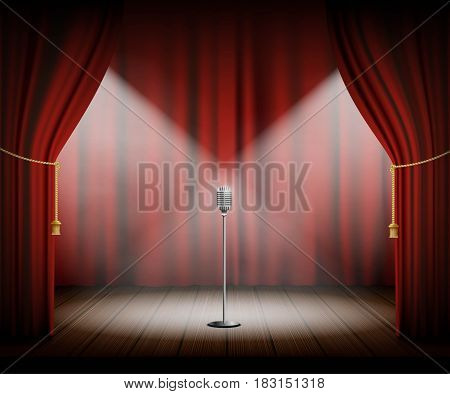 Microphone stands on stage with a red curtain. Stock vector illustration.