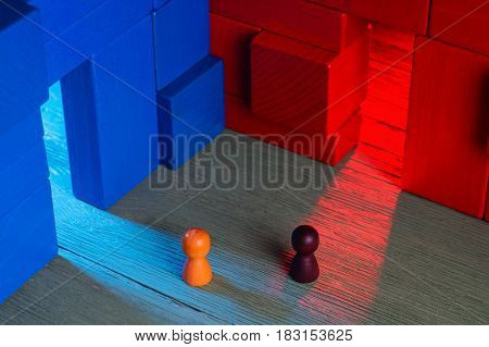 Choice concept. Two abstract business persons and two doors blue and red doubtful. The man hesitates before choosing. Business Men standing in front of two doors unable to make the right decision.