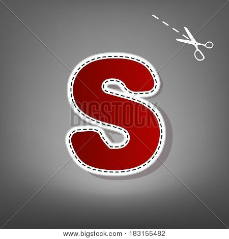 Letter S sign design template element. Vector. Red icon with for applique from paper with shadow on gray background with scissors.