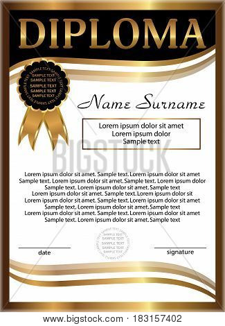 Diploma golden template. Vertical background. Winning the competition. Reward. Vector illustration.