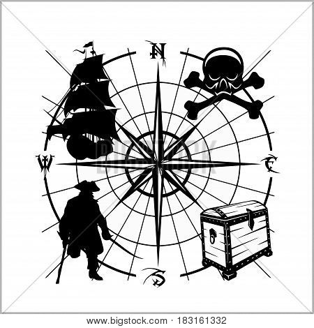 Pirates Emblem - chest of gold, pirate schooner - vector stock