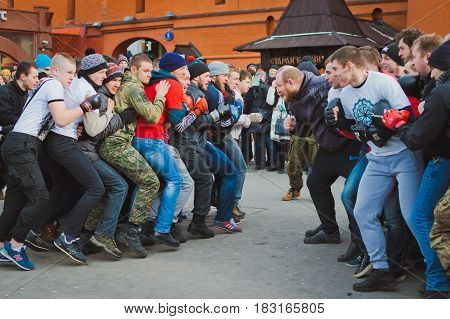 Russia. Moscow. Red Square. February 26, 2017. mass brawl of hooligans and fans in the center of Moscow