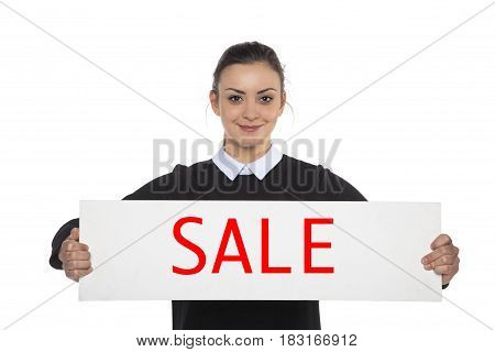 Beautiful Cheerful Woman Holding A Blank Billboard, With The Word Sale