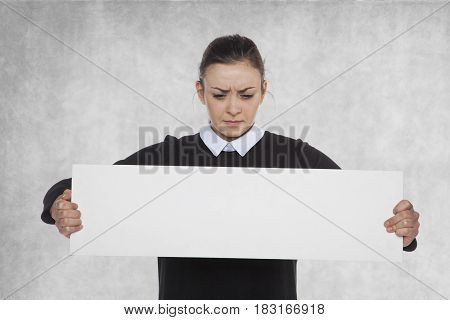 Beautiful Woman Holding A Blank Billboard, Copy Space