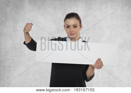 Beautiful Woman Holding A Blank Wooden Plate