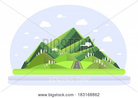 Spring mountain landscape. Green hills, blue sky, white clouds, green trees, grey highway. Flat design, stock vector illustration