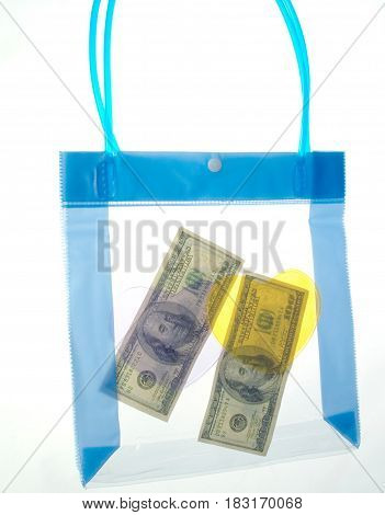 100 dollars in a transparent package on a white background