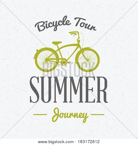 Summer holidays poster. Bicycle journey label. Bicycles for rent. Vector illustration with green and gray colors on textured background