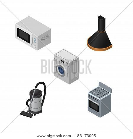 Isometric Electronics Set Of Microwave, Vac, Stove And Other Vector Objects. Also Includes Cooker, Hood, Extractor Elements.