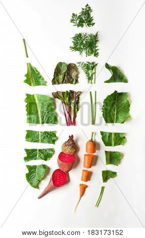 Healthy organic food. Raw cut vegetables, ingredients for borsh on white isolated studio background, top view, flat lay, object