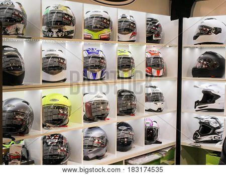 St. Petersburg Russia - 15 April, Stand with helmet,15 April, 2017.
International Motor Show IMIS-2017 in Expoforurum.