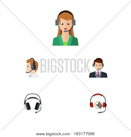 Flat Telemarketing Set Of Headphone, Telemarketing, Earphone And Other Vector Objects. Also Includes Secretary, Earphone, Headphone Elements.
