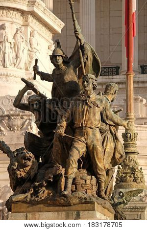ROME, ITALY - SEPTEMBER 01: Memorial to ancient fighters in front of the Monomento a Vittorio Emanuele II. Venice Square, Rome, Italy  on September 01, 2016.