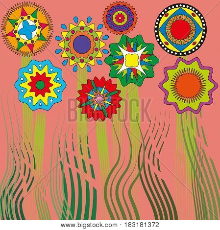 pattern background flowers and grass circles ethnic