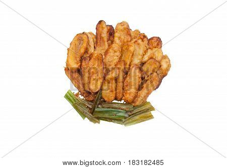 Group Of Fried Bananas And Pandan Leaves, Isolated
