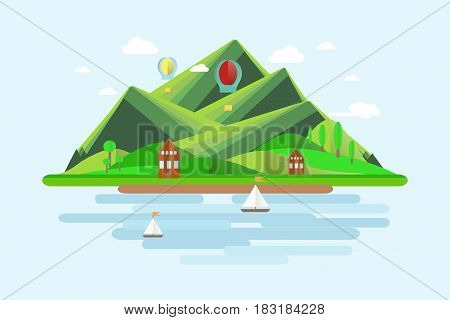 Summer mountains landscape. Green hills, blue sky, white clouds, green trees, mountain shelters, sailboats, balloons, flat design stock vector illustration