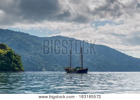 Hell-Ville Madagascar - December 19 2015: SV Ooskus vessel anchored at Andavakotakona Bay near Hell-Ville Nosy Be Island Madagascar. S.V. OOSKUS - unique 100ft expedition vessel - built to withstand the rigours of the southern oceans.