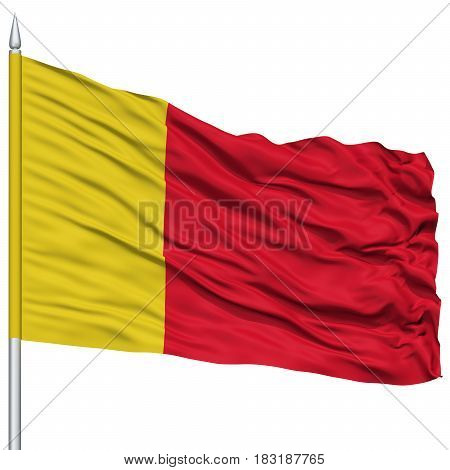 Moroni City Flag on Flagpole, Capital City of Comoros, Flying in the Wind, Isolated on White Background