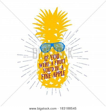 Hand drawn label with textured pineapple vector illustration and 
