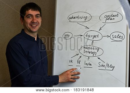 Executive man writing scheme on a flipchart
