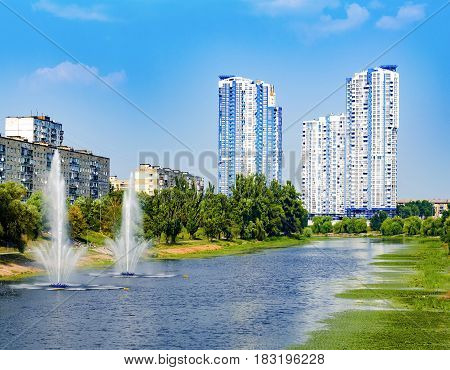 Fountains in Kiev District Rusanovka fountains panorama. Kiev Ukraine