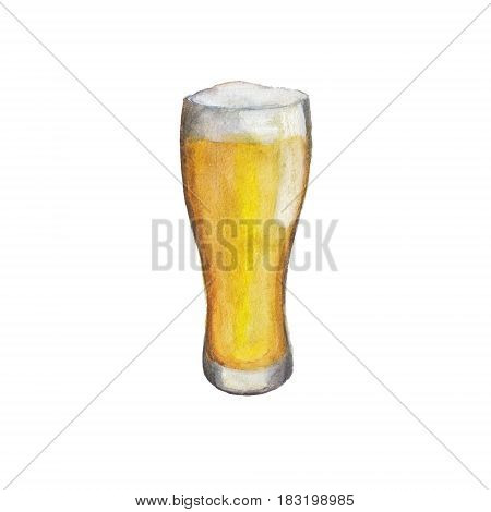 The glass with light fresh beer isolated on a white background a watercolor illustration in hand-drawn style.