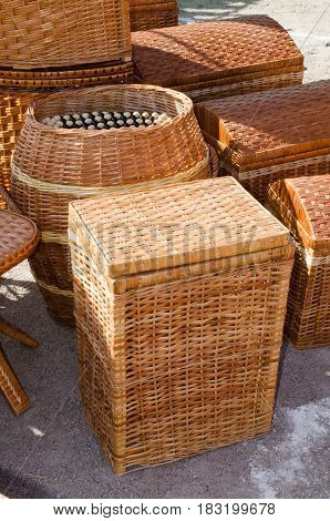 Bamboo or wooden wickerwork. Wicker texture. Basketry pattern.