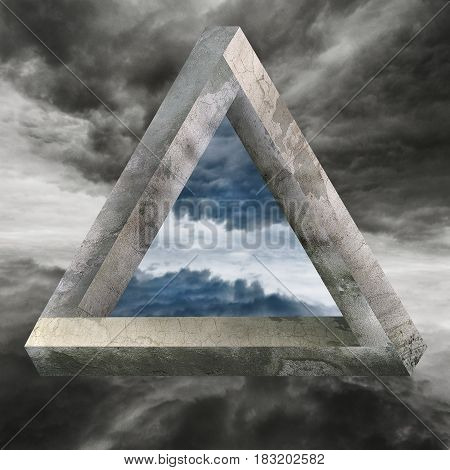 Allegory of the Mobius figure. Stone figure of Mobius and dark roots and Stormy sky.