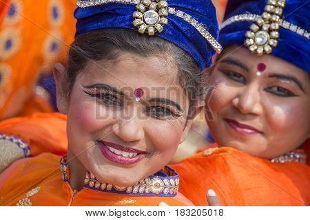 NEW DELHI INDIA - JANUARY 23 2017 : Indian girls take part in rehearsal activities for the upcoming India Republic Day parade. New Delhi India