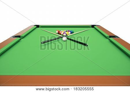 3D illustration Billiard balls on green table with billiard cue, Snooker, Pool game, Billiard concept