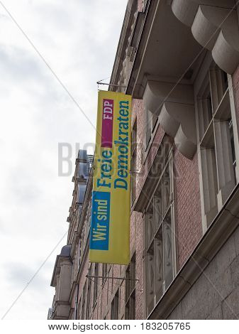 BERLIN GERMANY - APRIL 23 2017: FDP Flag At The National Office Of The Party At Hans-Dietrich-Genscher-Haus In Berlin