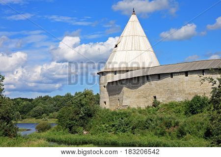 Staraya Ladoga Russia - July 17 2016: Old Ladoga fortress. The fortress of Ladoga was built in the 12th century and rebuilt 400 years later. It is now mostly reconstructed since being heavily damaged during World War II.