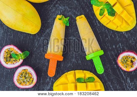 Homemade Ice Cream From Mango And Passion Fruit. Popsicle