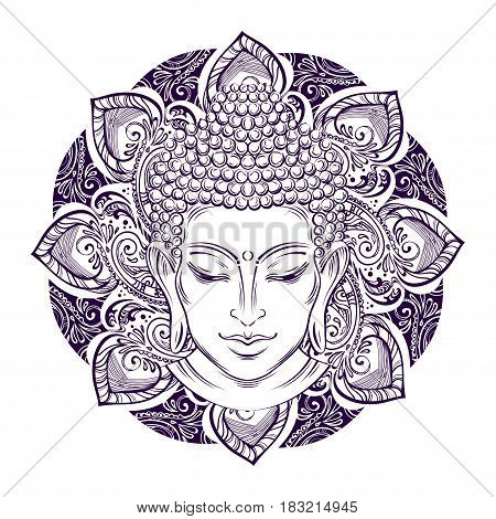 Buddha head with paisley ornament, mehendi. The symbol of Hinduism, Buddhism, spirituality and enlightenment. Tattoo, illustration, printing on fabric