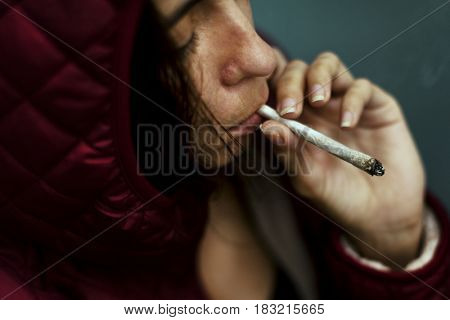 Homeless Adult Woman Smoking Cigarette Addiction