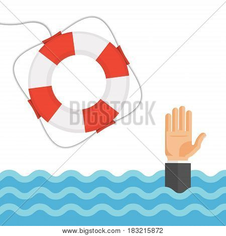 Helping to survive business concept. Drowning man's hand in sea or ocean and lifebuoy. Flat style vector illustration.