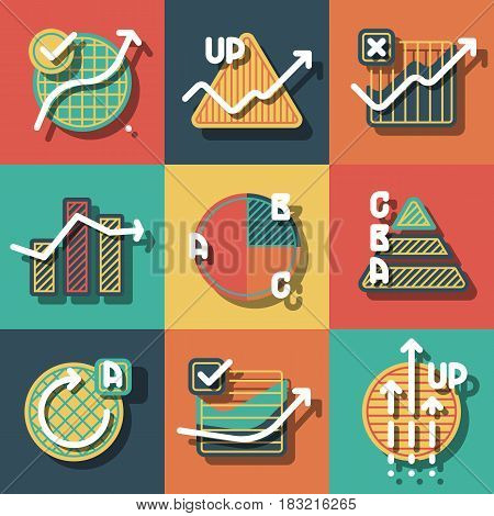 Set of colorful infographics elements and diagrams, circle charts, arrows. Flat icons with shadows for business. Vector paper style illustration.