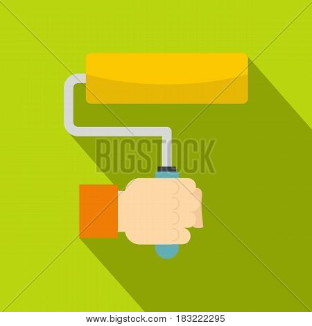 Hand hoding paint roller icon. Flat illustration of hand hoding paint roller vector icon for web on lime background